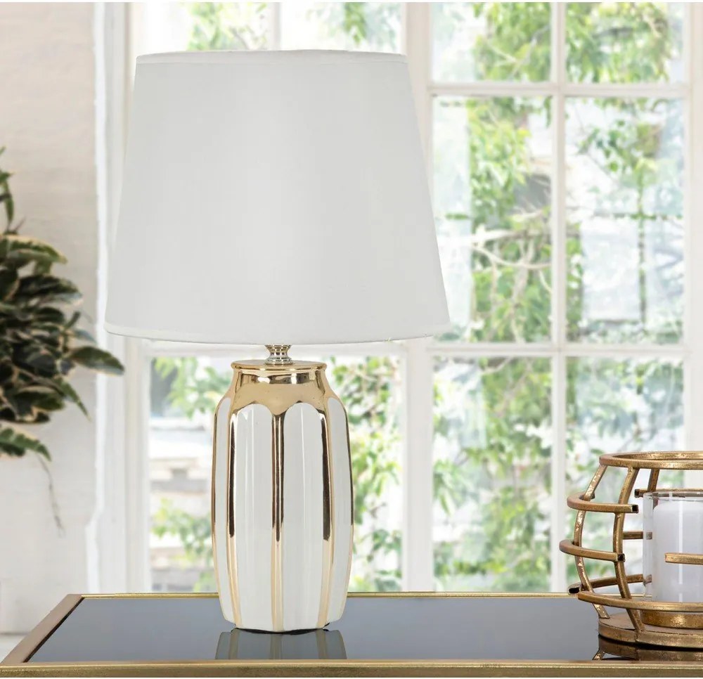 Lampada da tavolo bianca/dorata in ceramica con paralume in tessuto (altezza totale 40,5 cm) Cassy – Mauro Ferretti