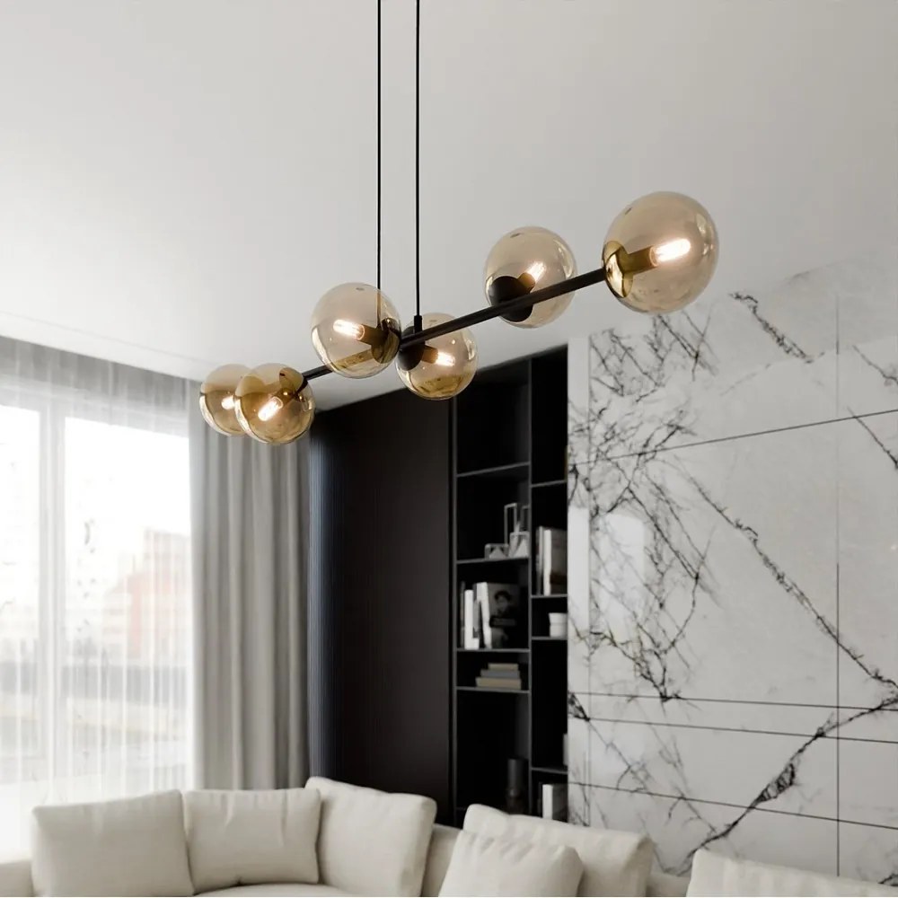 Lampadario a Sospensione in Acciaio e Vetro ROSSI 6 Nero 6xE14 Colore delle Sfere Ambrate
