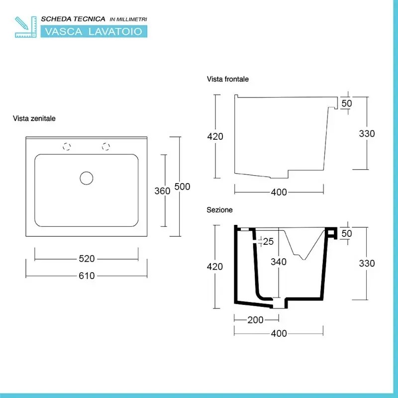 Mobile Lavatoio 60x50 cm Due Ante con vasca in ceramica Bianco Lucido