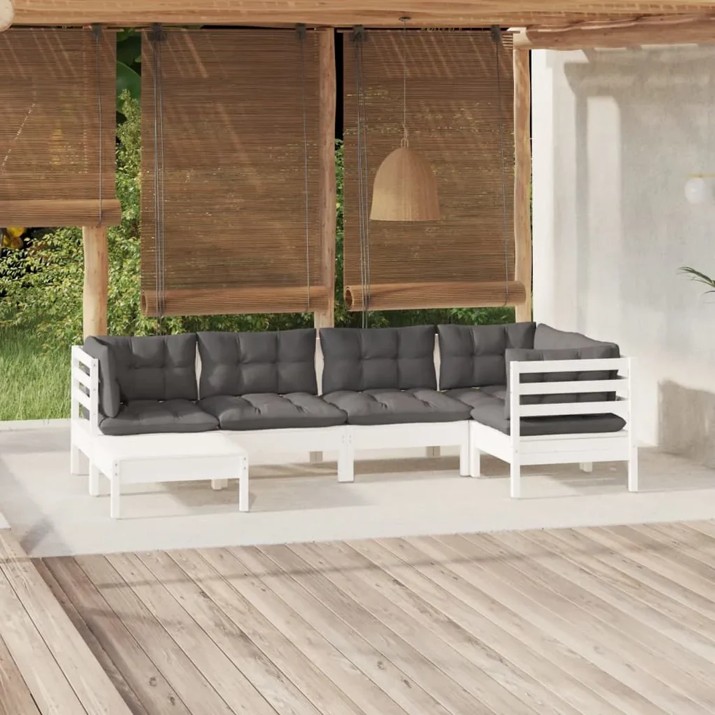 Set divani da giardino 6 pz con cuscini bianchi legno di pino