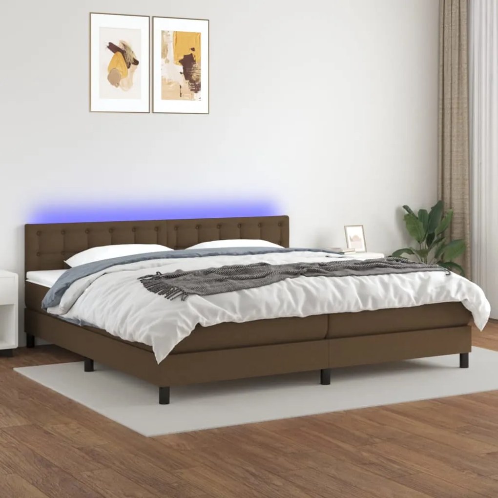 Letto a molle materasso e led marronescuro 200x200cm in tessuto