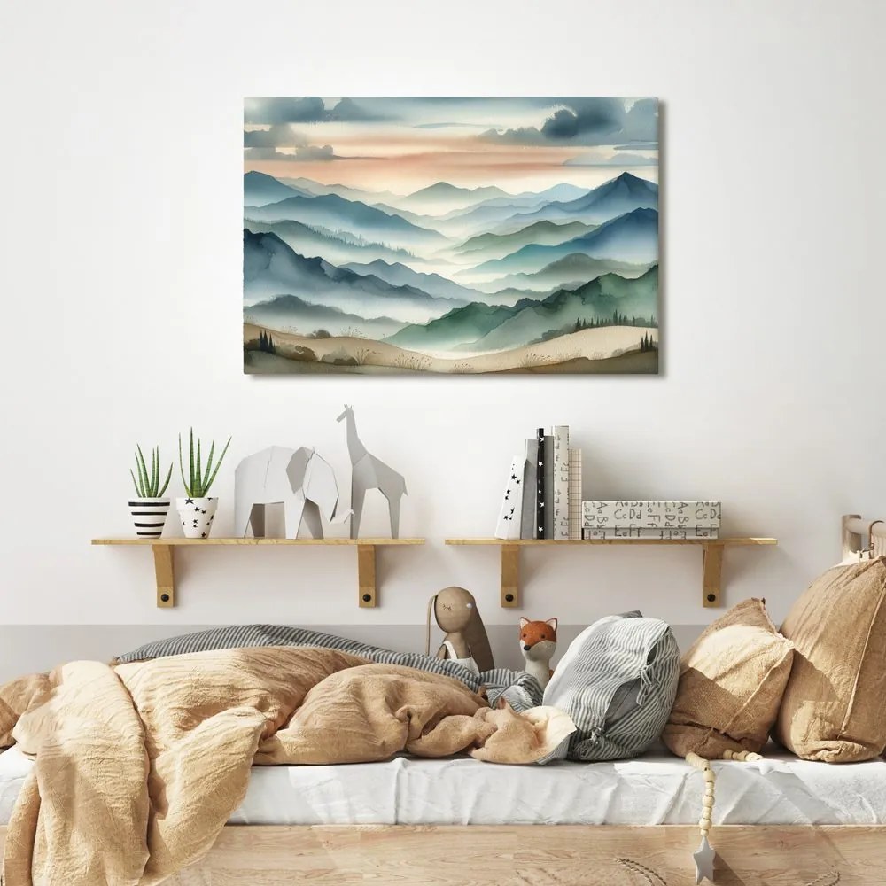 Quadro su tela – Montagne silenziose nella nebbia del mattino