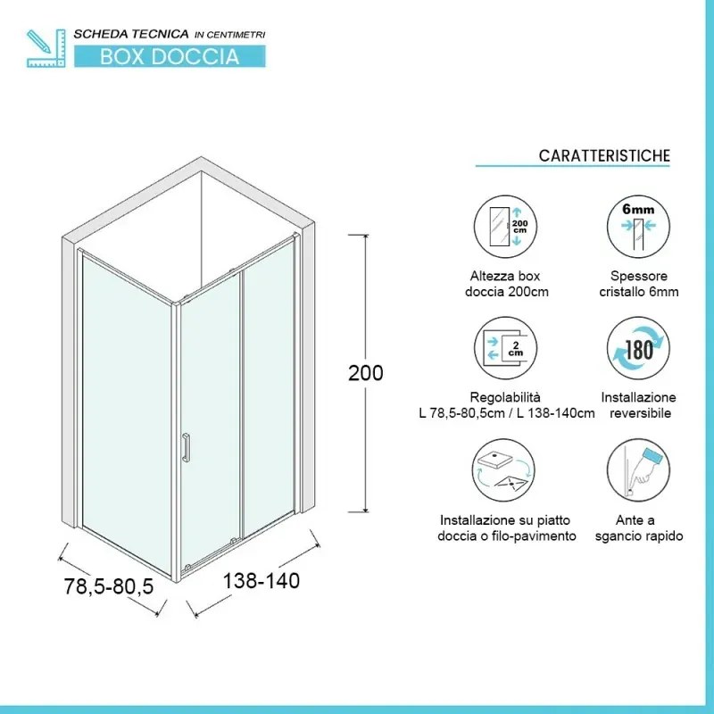 Box doccia angolare 80x140 cm scorrevole in cristallo trasparente Ted