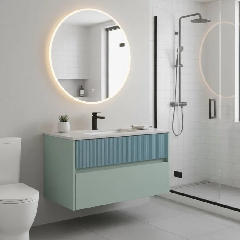 Mobile da bagno sospeso sotto lavabo Niwa 2 cassetti L 89.5 x H 50 x P 45.5 cm verde e blu pacifico cannettato
