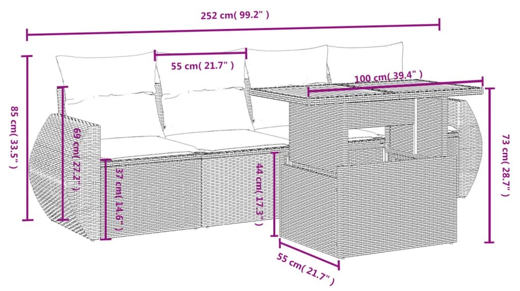 Set divani da giardino 5 pz con cuscini in polyrattan nero