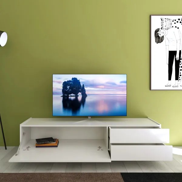 Porta TV in legno 160x40 cm con anta a ribalta e 2 cassetti Bianco Lucido HARAS
