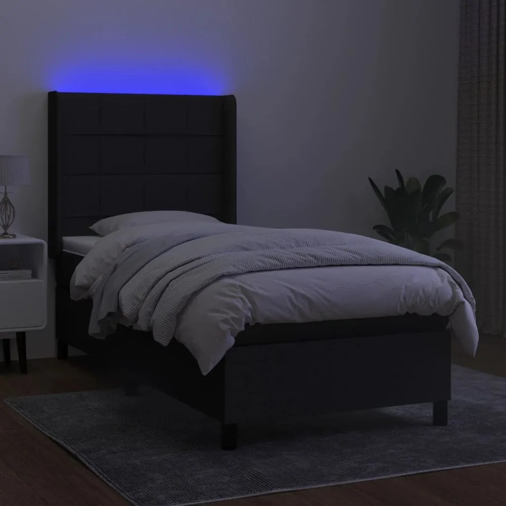 Letto a molle con materasso e led nero 90x200 cm in tessuto