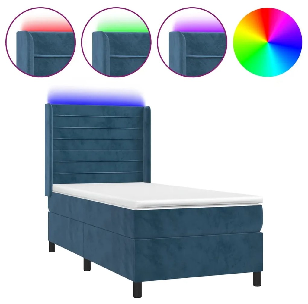 Letto a molle con materasso e led blu scuro 80x200cm in velluto