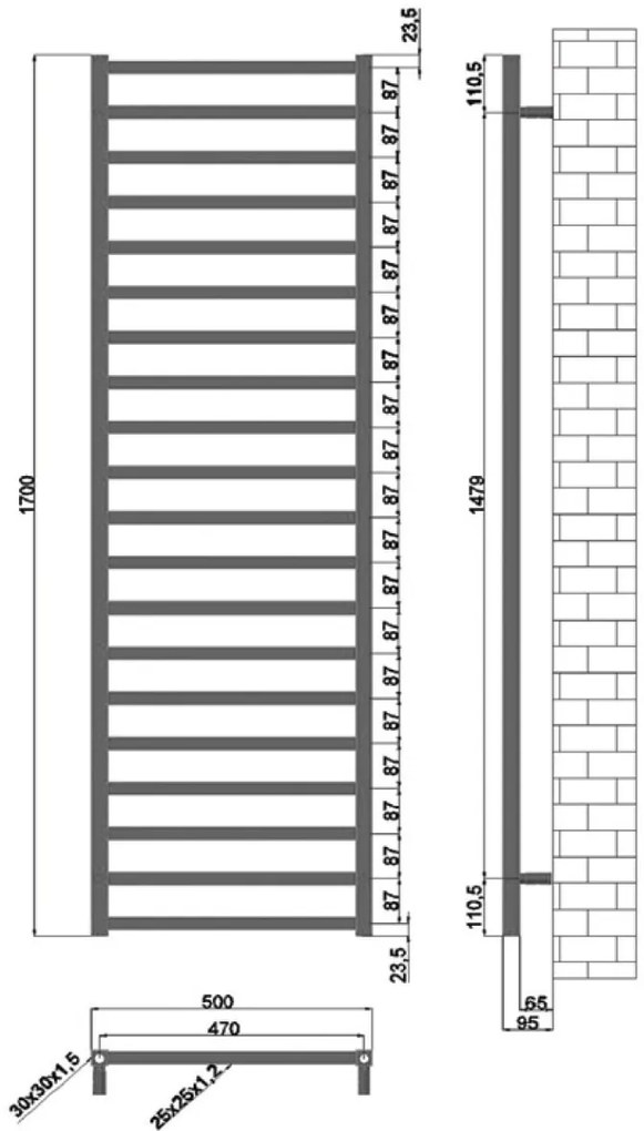 New Line R2 Radiatore Scaldasalviette 50x170 Cm 476w 20 Tubi Quadri Interasse 470 Mm In Ottone Cromo