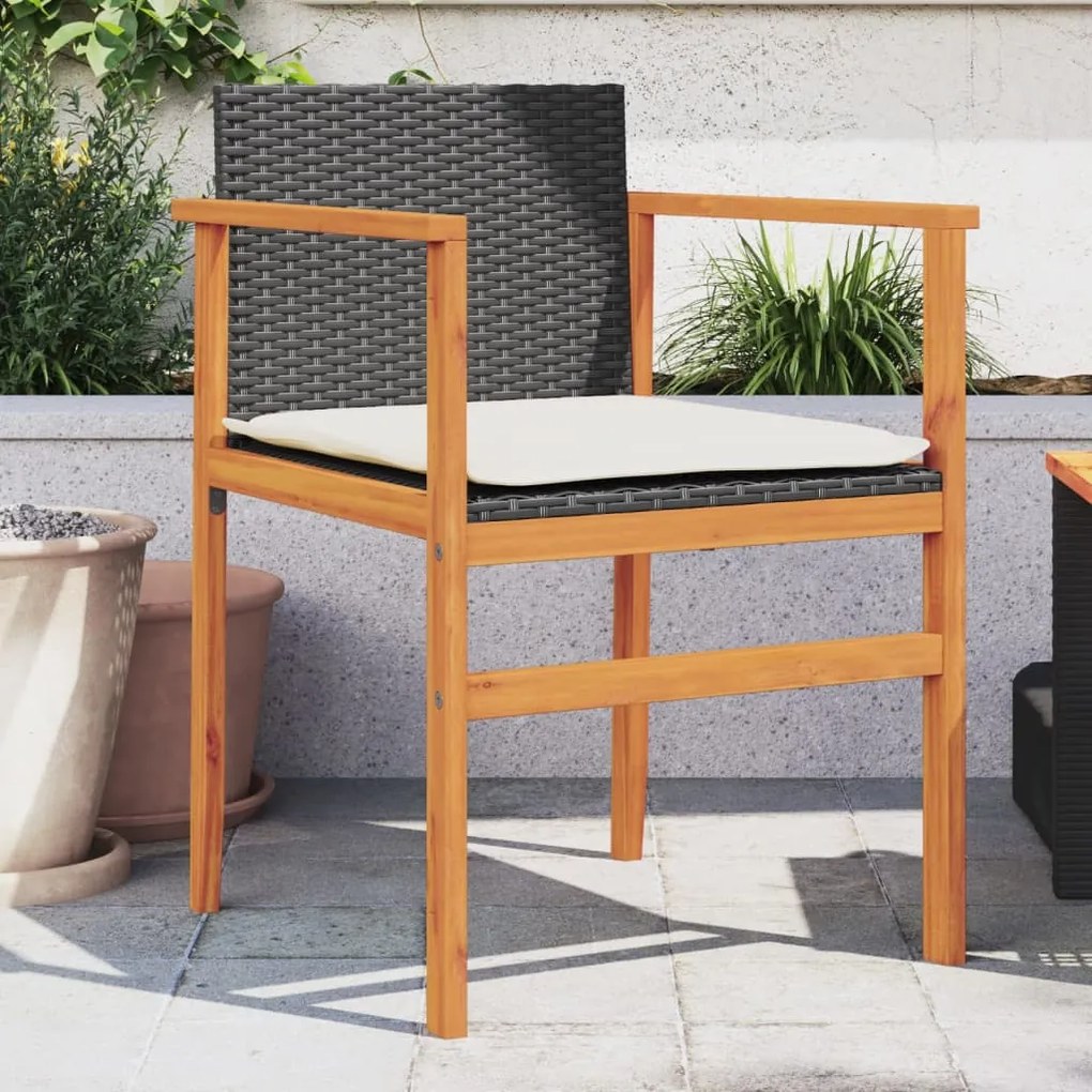 Sedie giardino con cuscini 2pz nere polyrattan e legno massello