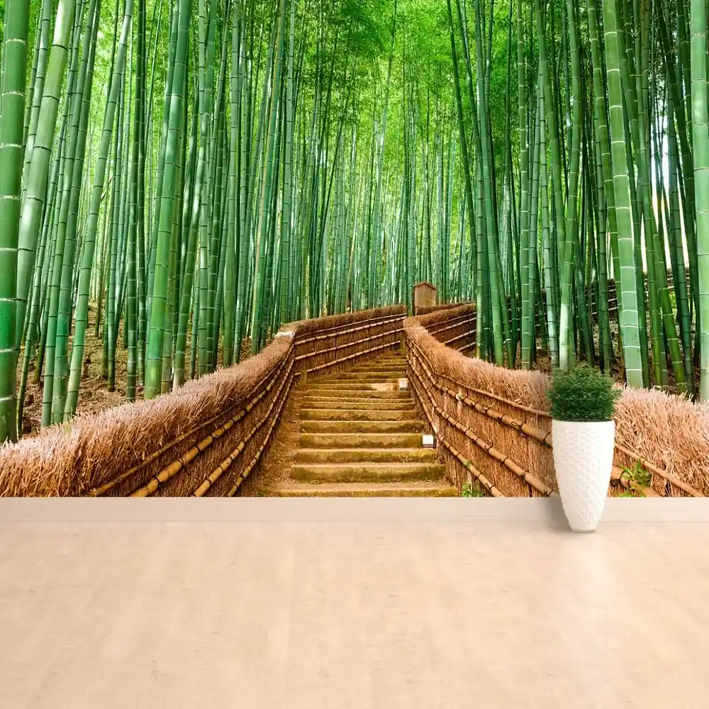 Carta Da Parati Adesiva Muro,Moderna Foresta Di Bambù Verde Foglie