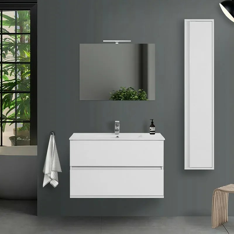 Mobile bagno sospeso 90 cm Duble bianco lucido completo di lavabo e specchio
