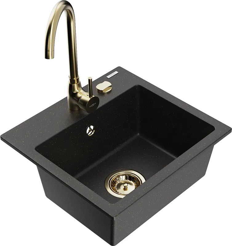 Mexen Milo lavello in granito 1-vasca con rubinetto da cucina Telma, nero/oro - 6505-75-670200-50