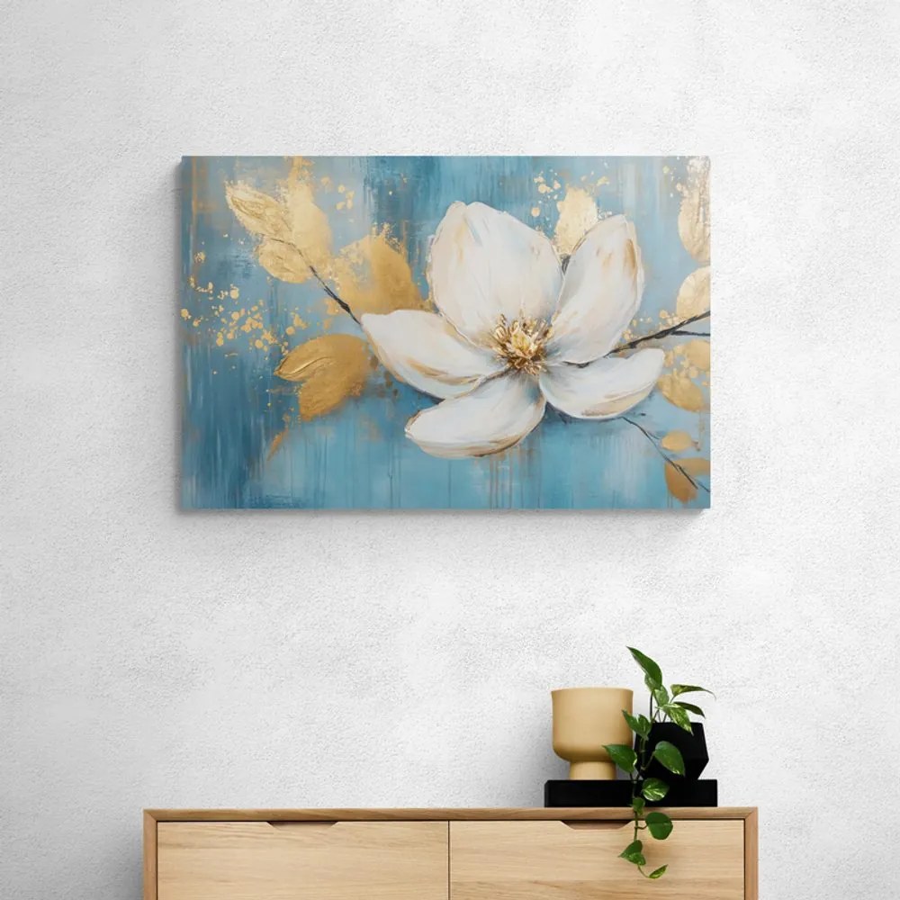 Quadro su tela – Fiore bianco con foglie dorate
