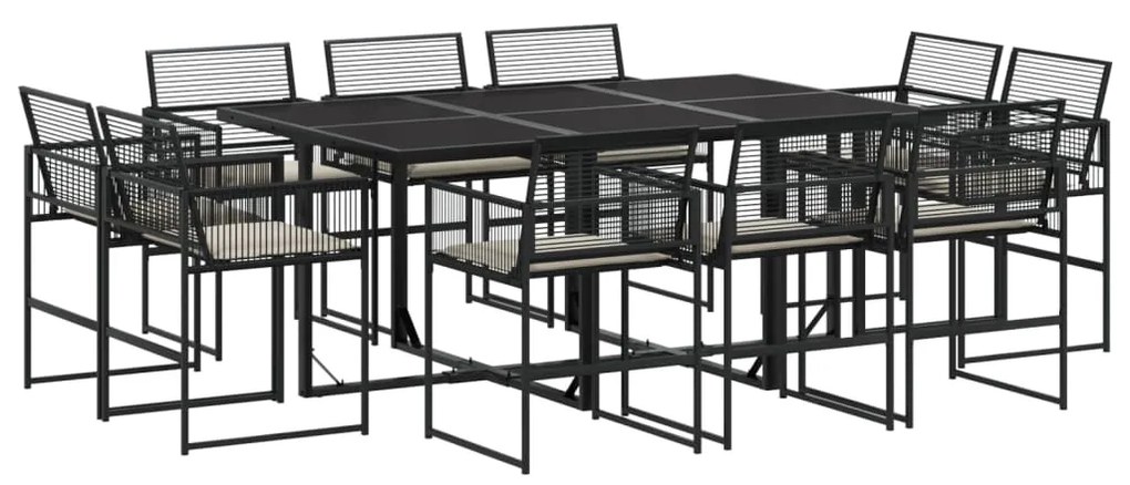 Set da pranzo da giardino 11 pz con cuscini in polyrattan nero