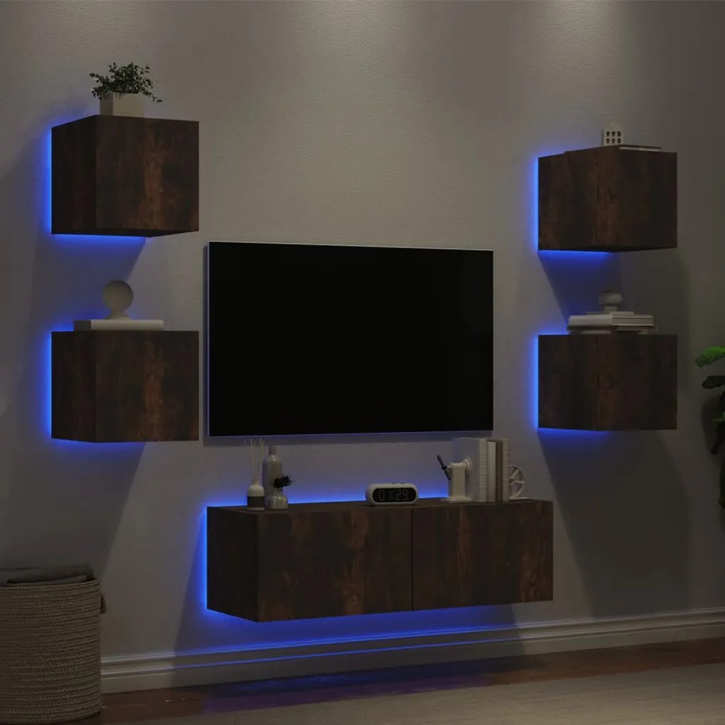 Mobili tv a muro 5pz con luci led rovere fumo