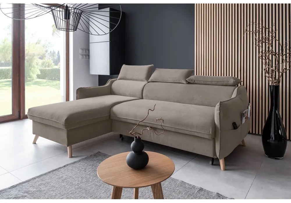 Divano letto angolare in velluto marrone chiaro (angolo sinistro) Sweet Harmony - Miuform