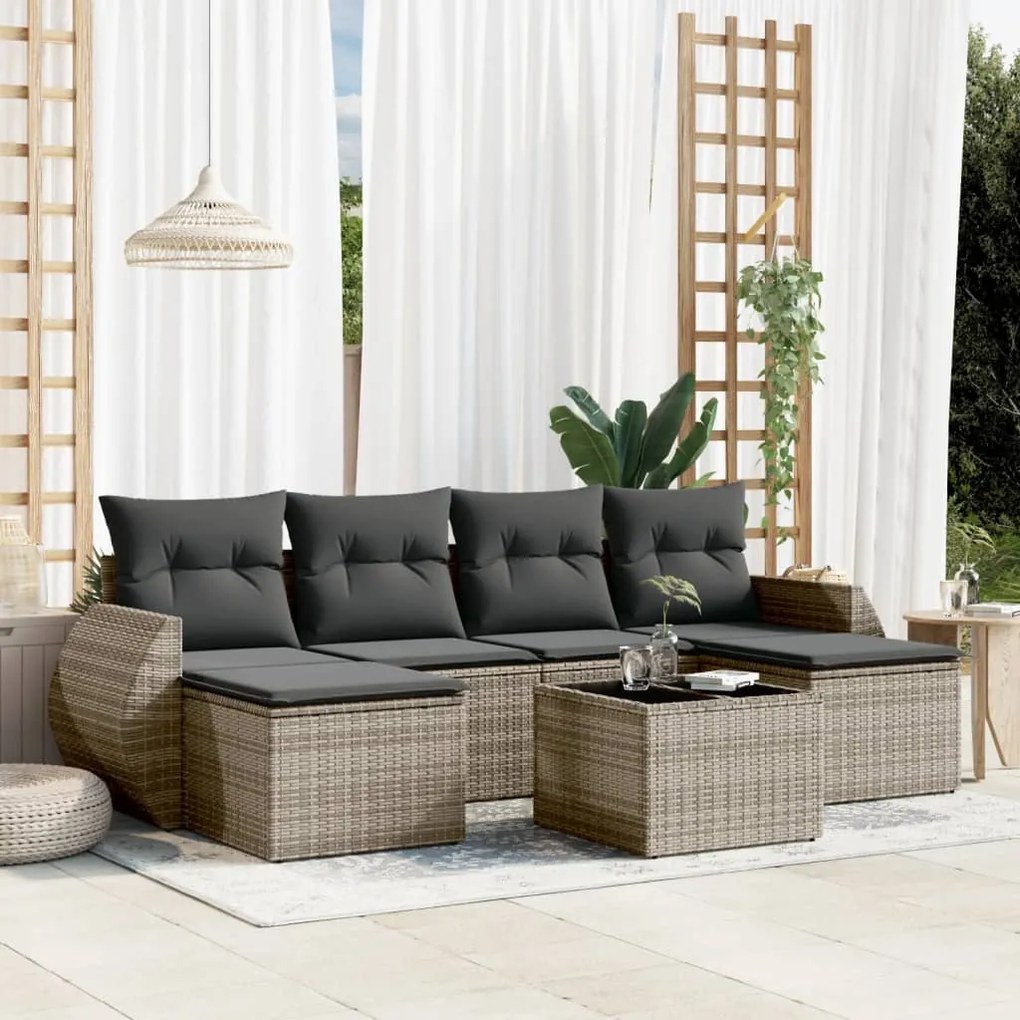 Set divani da giardino 7 pz con cuscini grigio in polyrattan