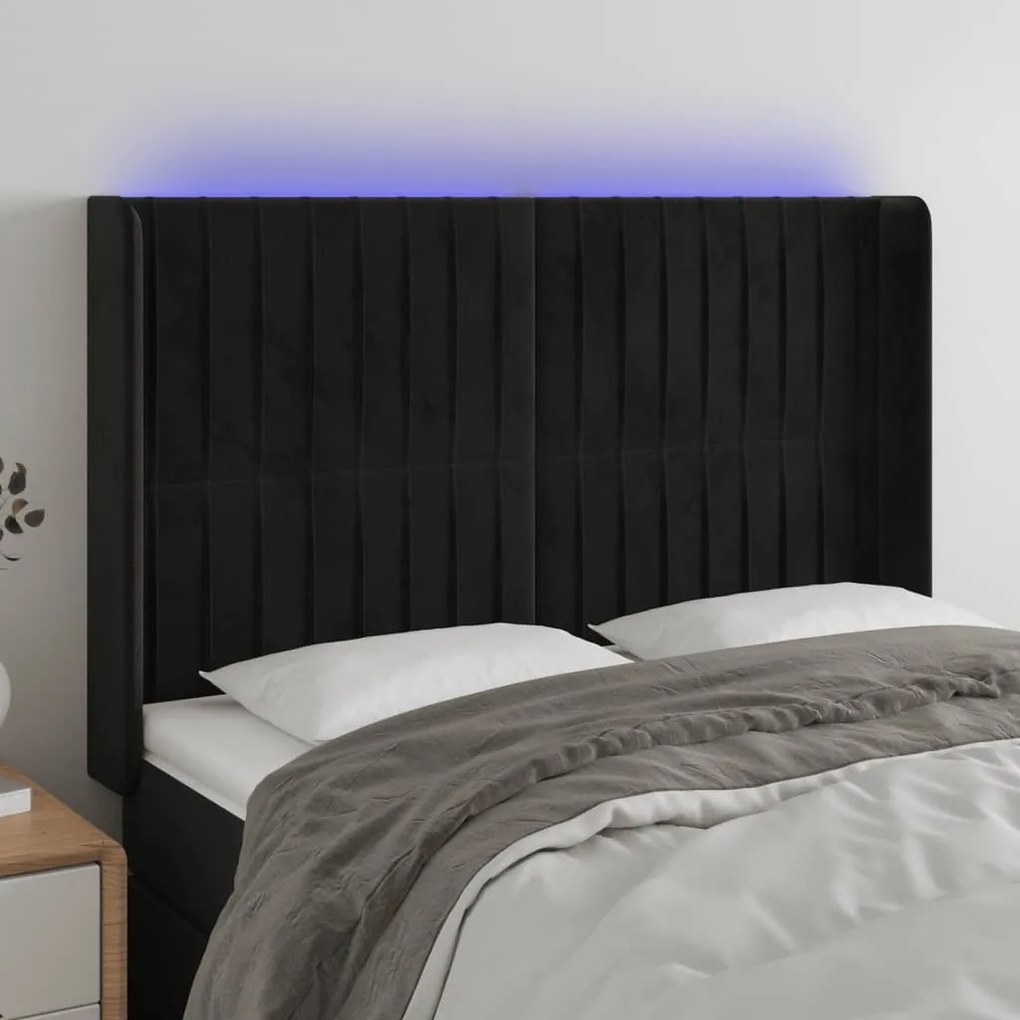 Testiera A Led Nera 147x16x118/128 Cm İn Velluto /
