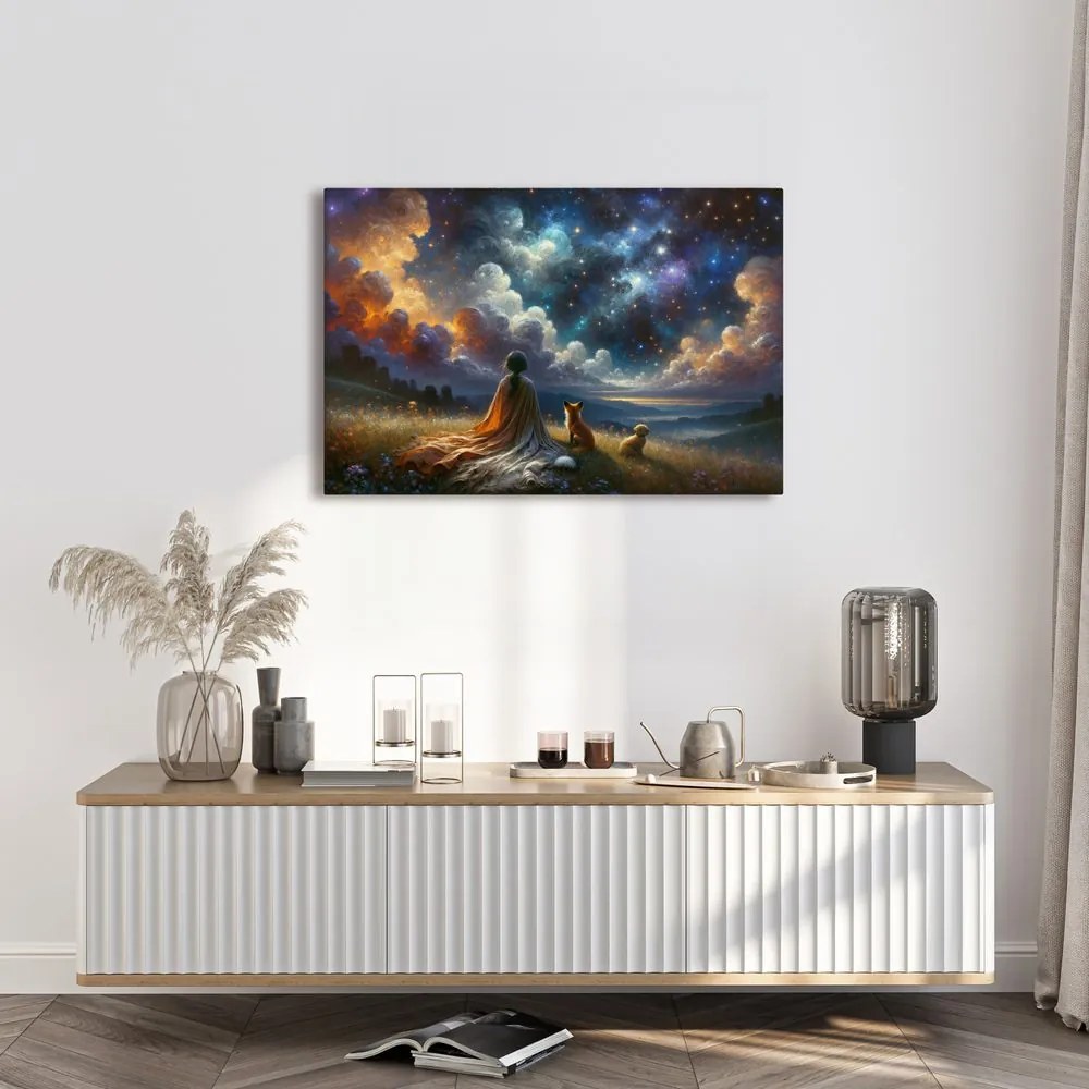 Quadro su tela – Figura con animali sotto le stelle