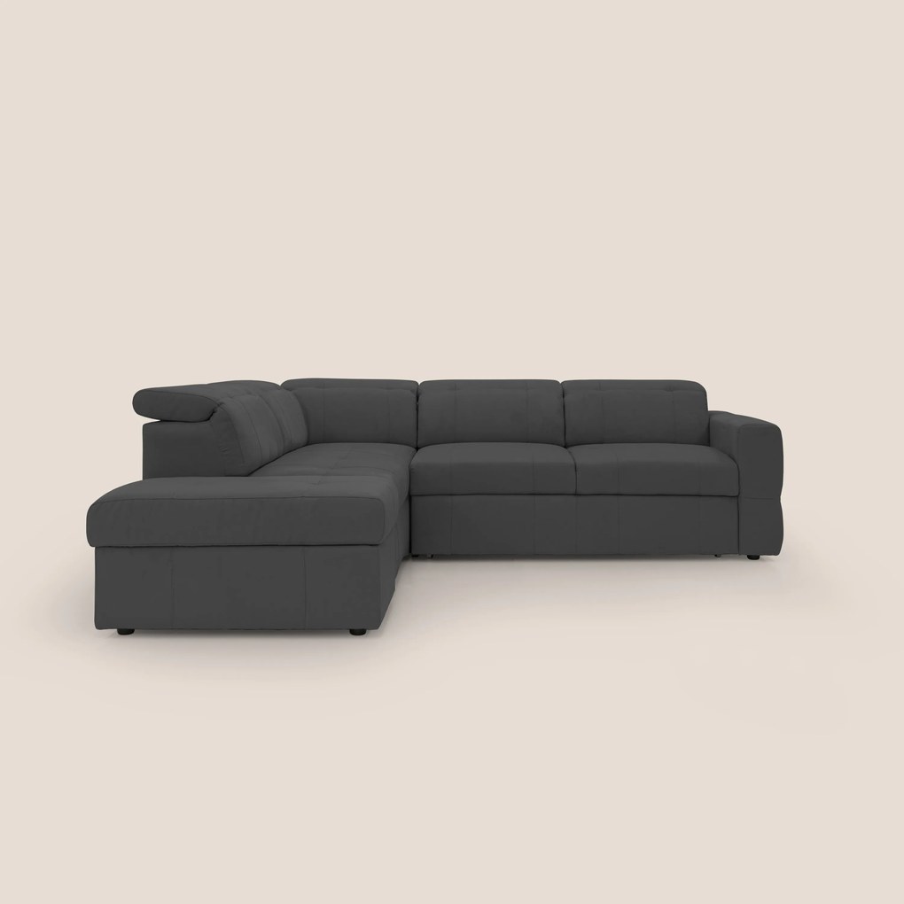 Kronos Divano angolare con poggiapiedi estraibile e pouf contenitore mobile in microfibra impermeabile T11 nero