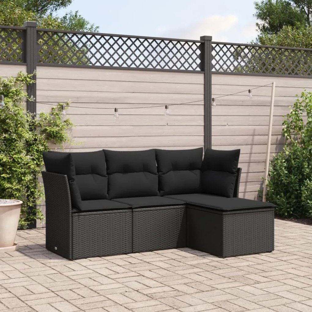 Set divani da giardino 4 pz con cuscini nero in polyrattan