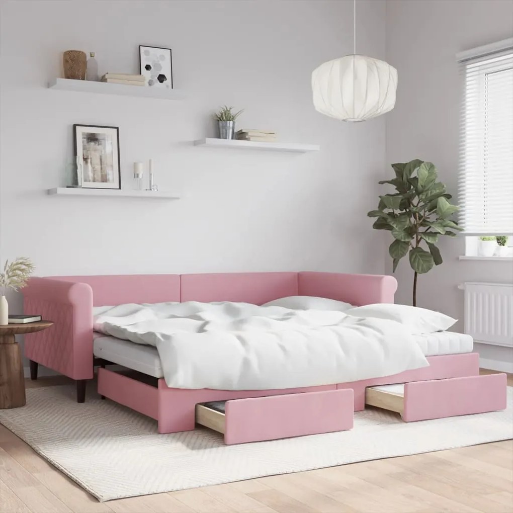 Divano Letto Estraibile Con Cassetti Rosa 100x200 Cm Velluto /