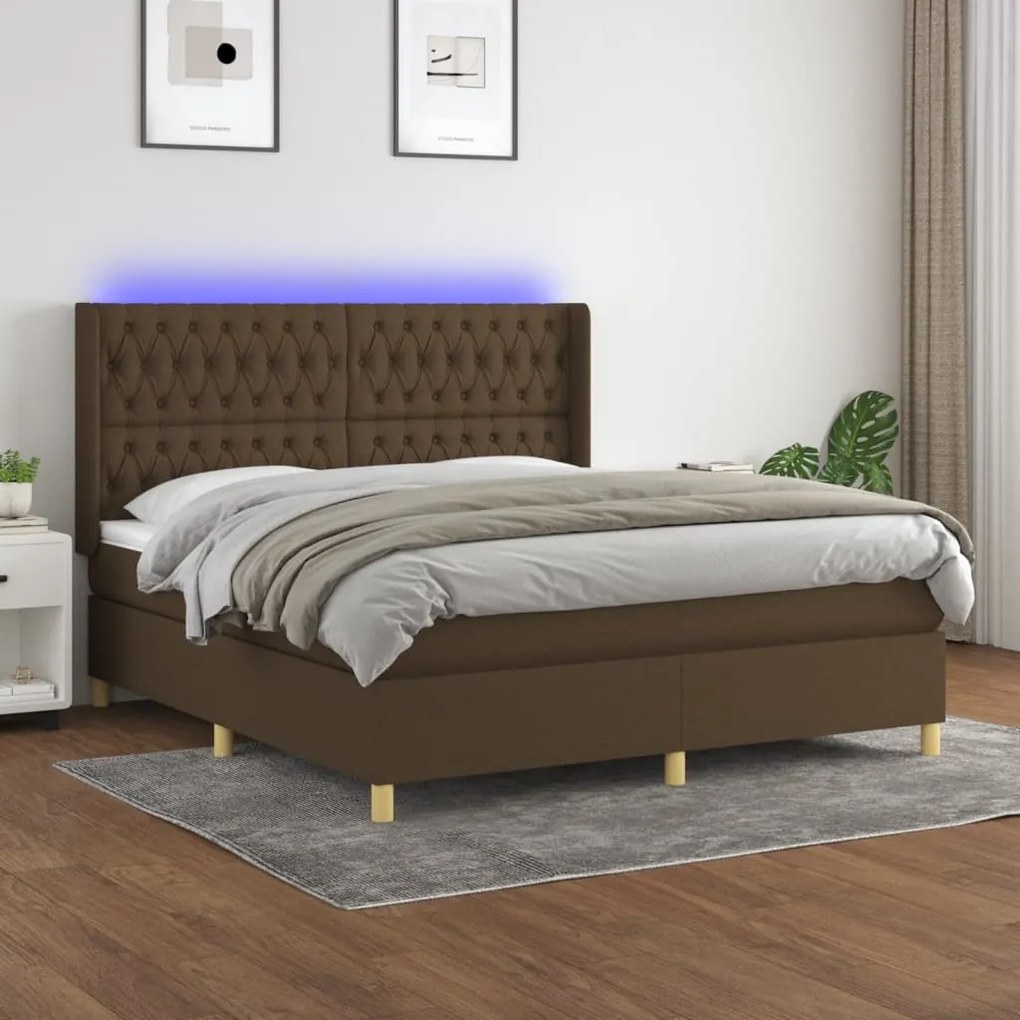 Letto a molle materasso e led marrone scuro 160x200 cm tessuto