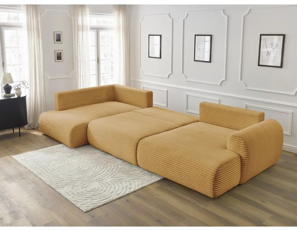 Divano angolare color senape allungabile/con contenitore (con penisola a sinistra/a U) con rivestimento in velluto a coste Lucien – Bobochic Paris