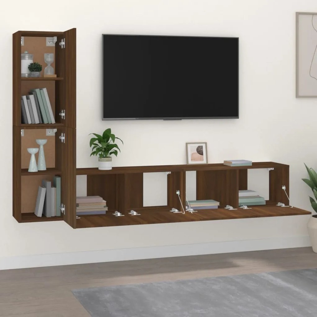 Set mobili porta tv 4 pz rovere marrone in legno multistrato