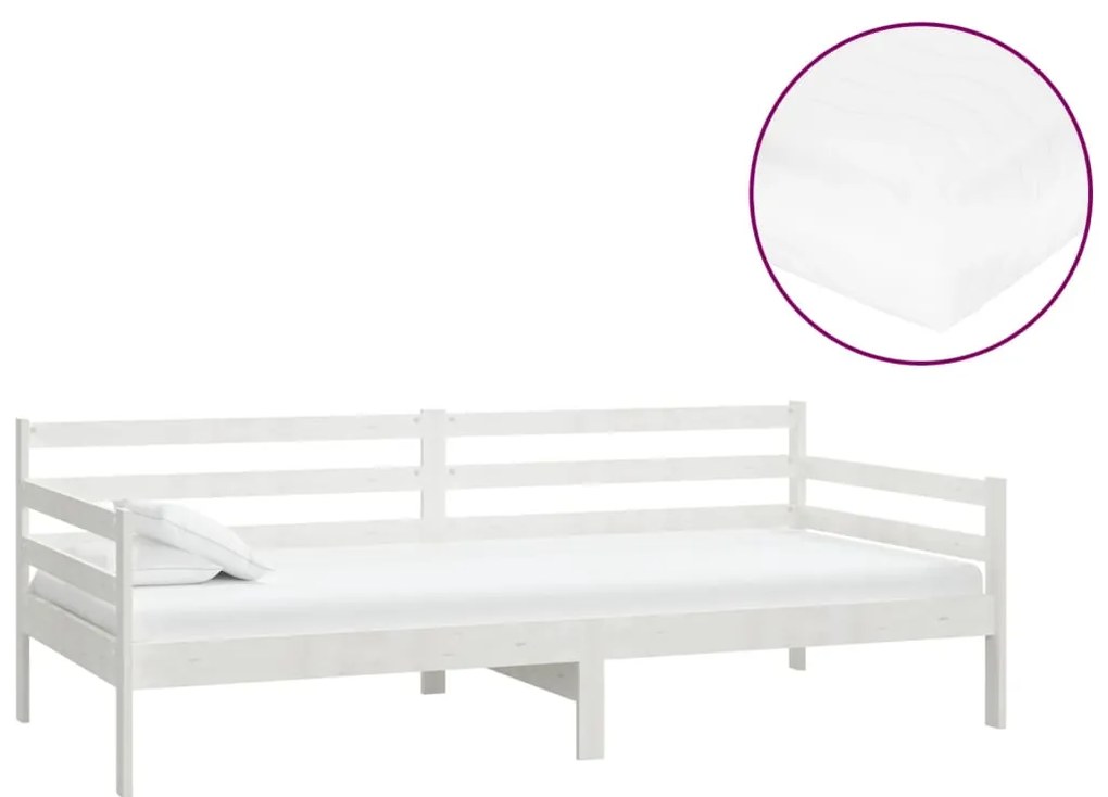 Divano Letto con Materasso 90x200 cm Bianco in Legno di Pino