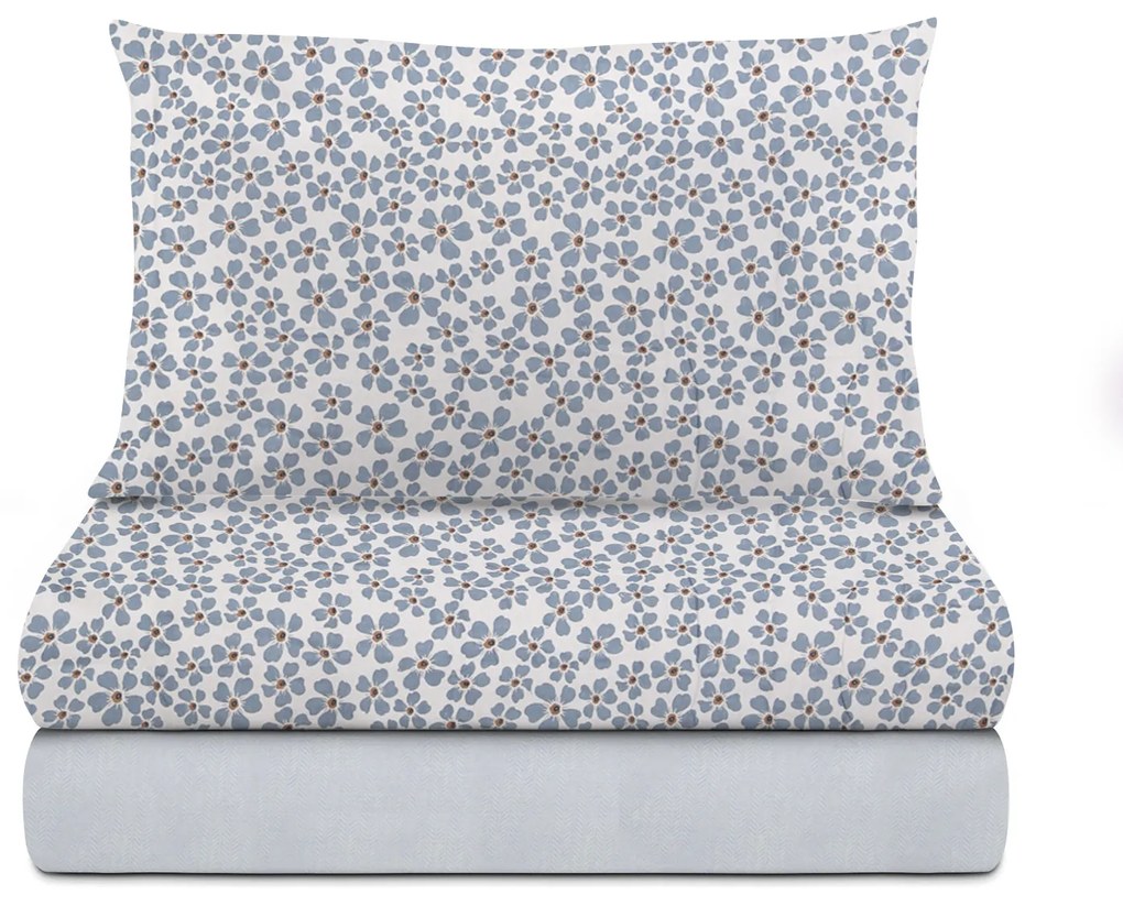Completo letto singolo fiori azzurri in flanella