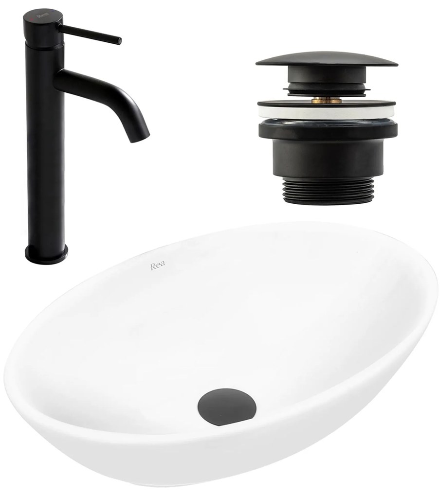 Set Lavabo da appoggio Pamela white + Rubinetto da bagno Lungo black matt + Tappo black matt