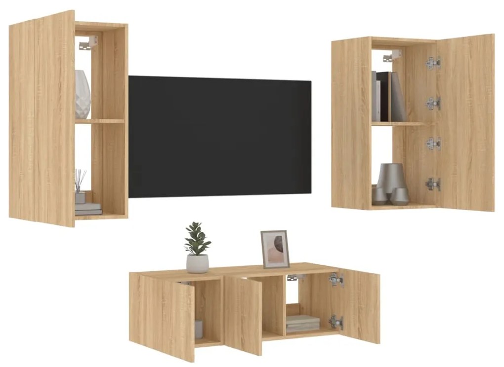 Mobili Tv A Muro Con Led 4pz Rovere Sonoma Legno Multistrato /