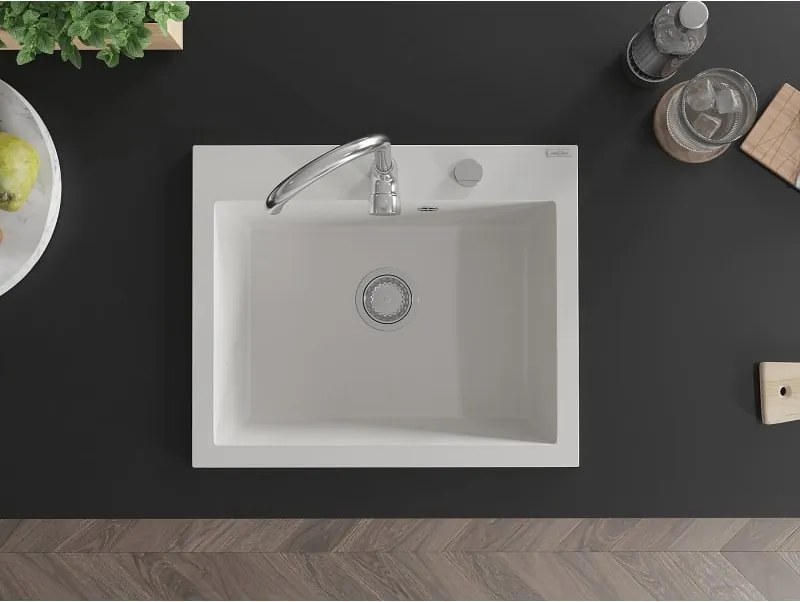 Mexen Elix lavello in granito 1-vasca 600 x 500 mm, bianco, sifone cromato - 6525601005-20