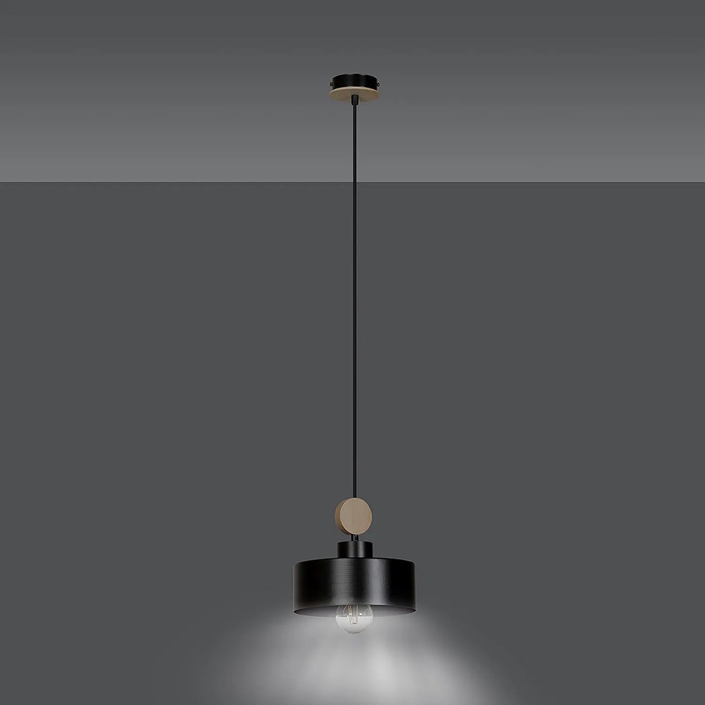 Sospensione 1 Luce Zhurong In Acciaio Nero E Legno Naturale