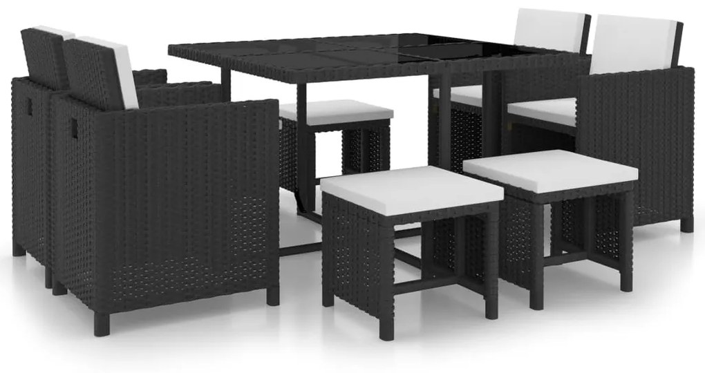 Set da pranzo da giardino 9 pz con cuscini in polyrattan nero