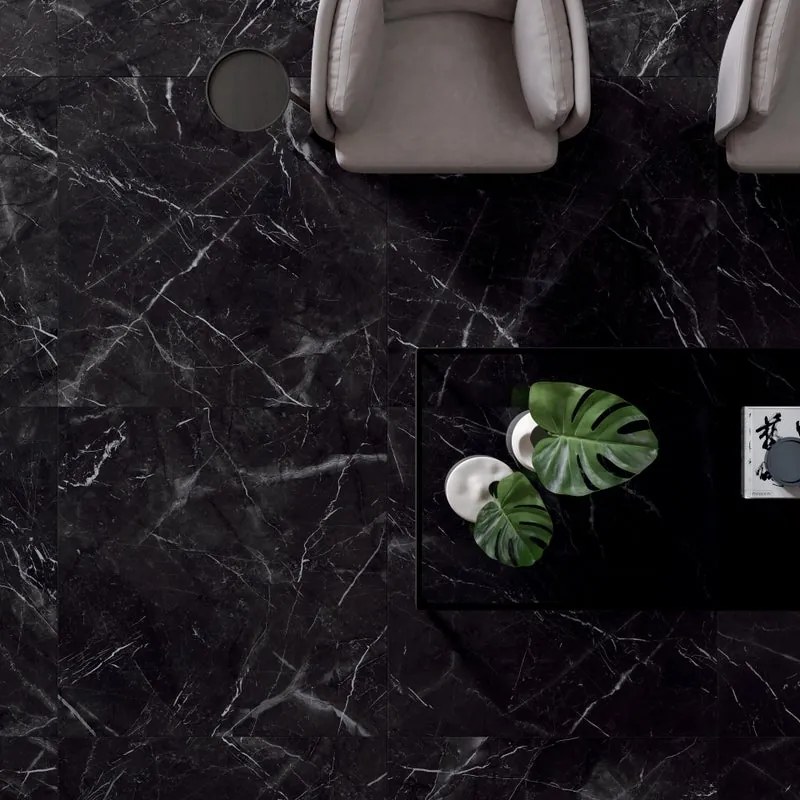 Piastrella da pavimento interno in gres porcellanato 120 x 120 cm rettificato nero con venature avorio lucido Marquina traffico medio (pei 2/5) Sp. 6 mm 2.88 mq