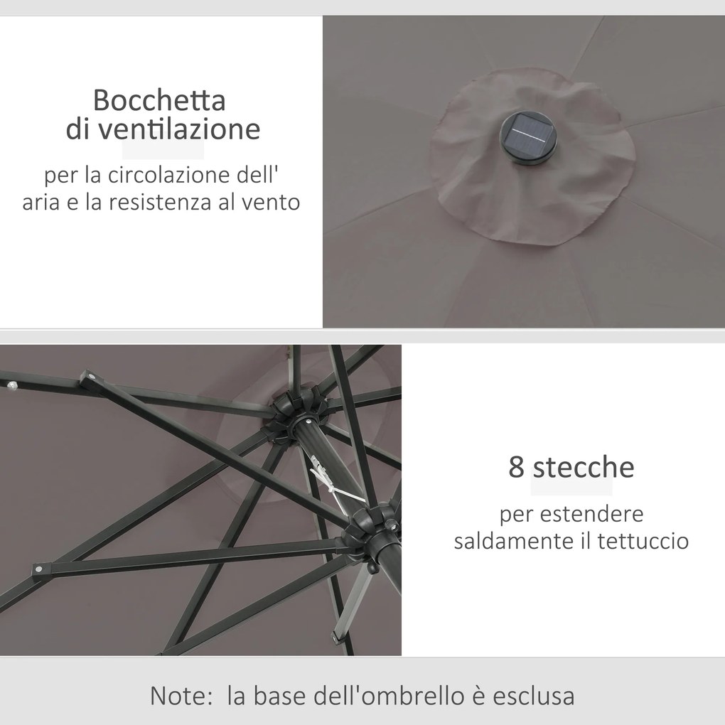Ombrellone da Giardino Inclinabile Ø265 cm con 32 Luci LED Solari e Manovella Grigio...