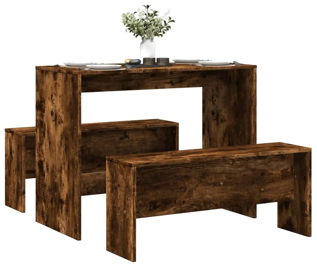 Set Tavolo Da Pranzo E Panche 3 Pz Rovere Fumo İn Truciolato /