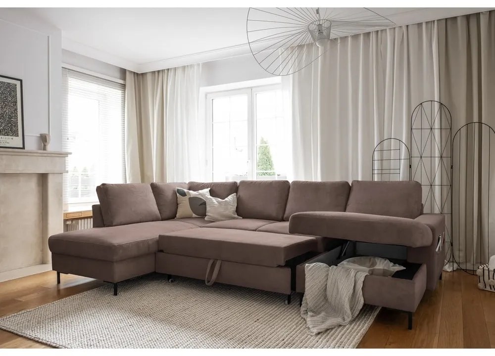 Divano letto in velluto a coste marrone (angolo sinistro) Lofty Lilly - Miuform