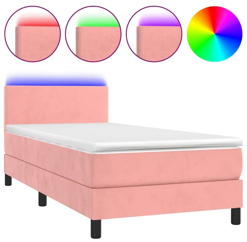 Letto a Molle con Materasso e LED Rosa 100x200 cm in Velluto