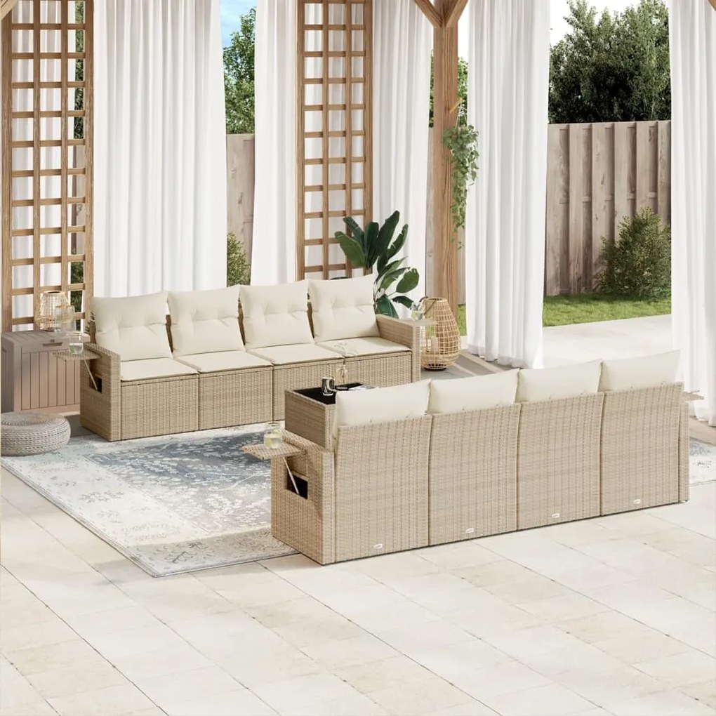 Set divano da giardino 9 pz con cuscini beige in polyrattan