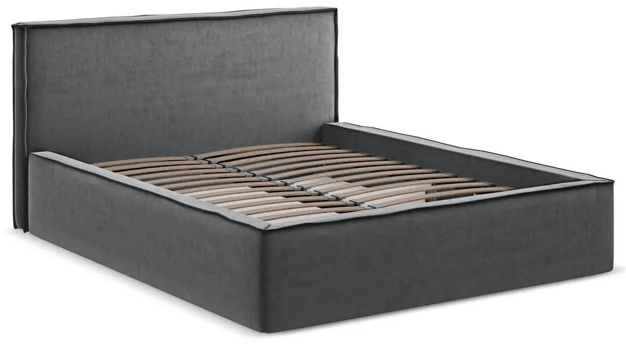 Letto matrimoniale imbottito grigio scuro con contenitore con griglia 160x200 cm Anani - Makamii