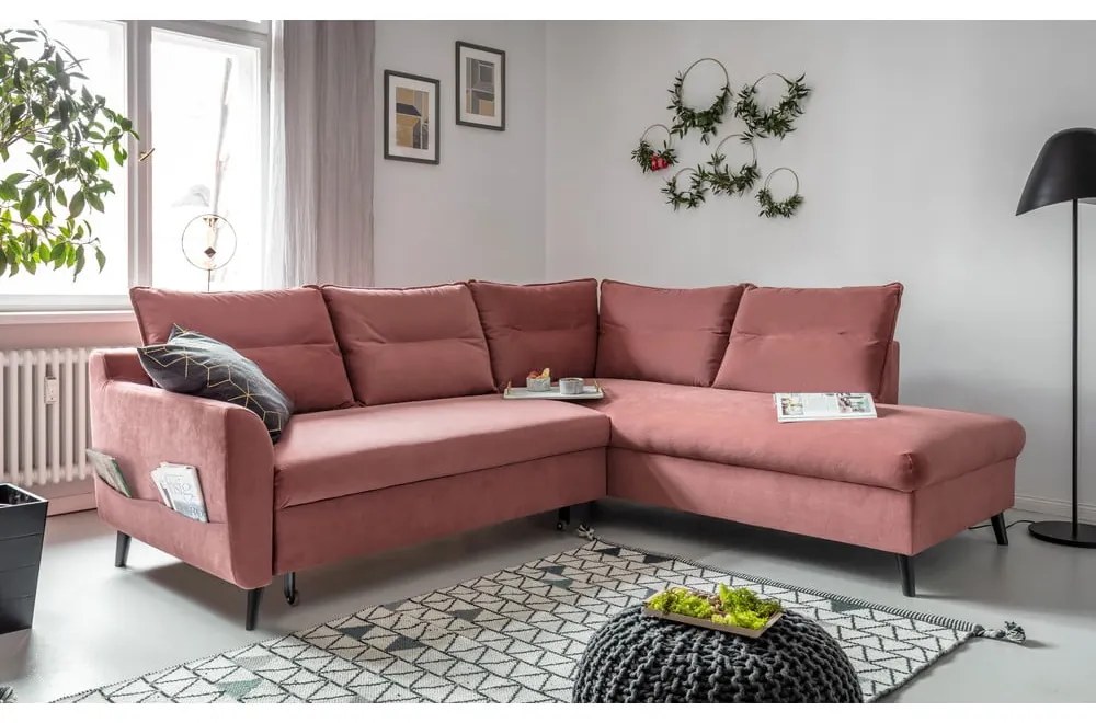 Divano letto angolare in velluto rosa L, angolo destro Stylish Stan - Miuform