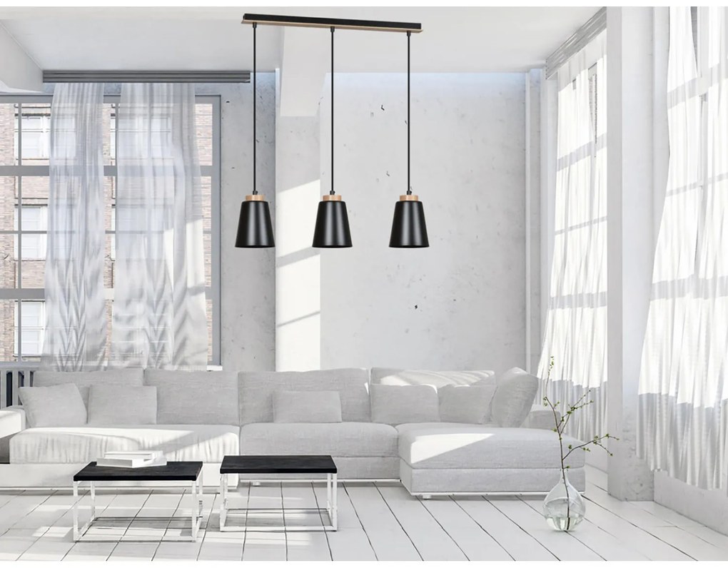 Lampadario 3 Luci Lancillotto Con Paralumi A Cono In Acciaio Nero E Legno Naturale