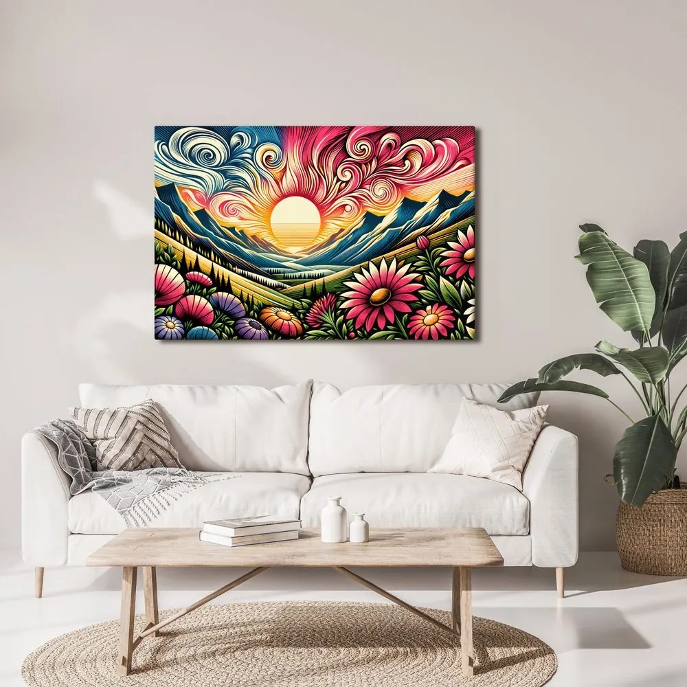 Quadro su tela – Paesaggio luminoso con fiori e sole
