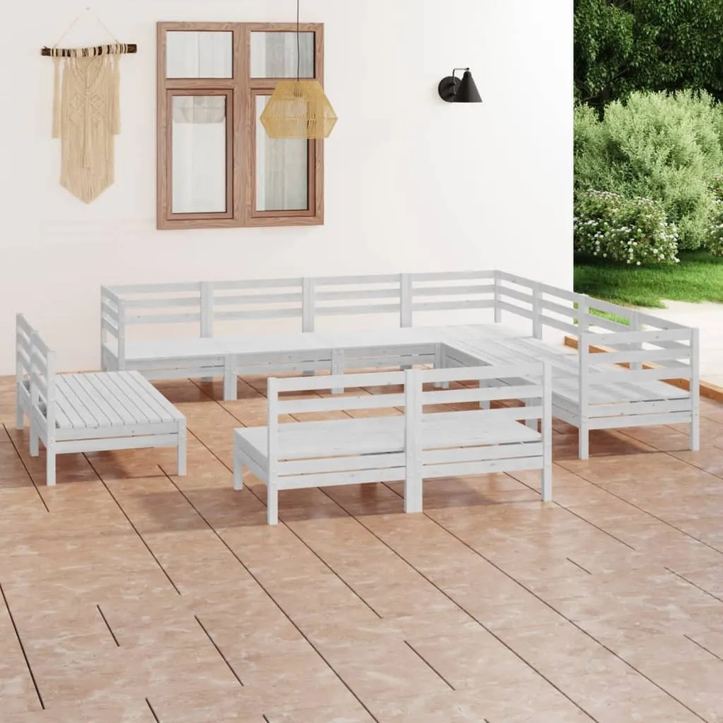 Set salotto da giardino 11 pz in legno massello di pino bianco