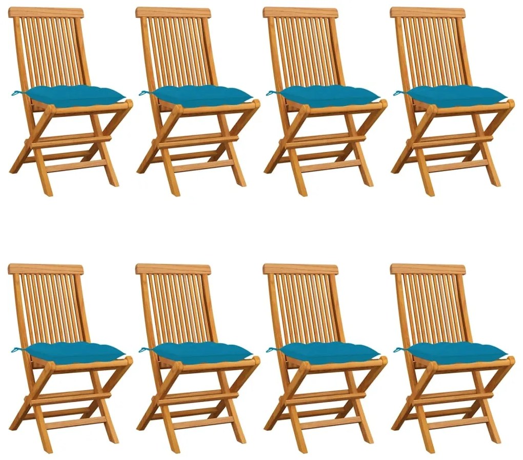 Sedie Da Giardino Con Cuscini Celesti 8 Pz İn Massello Di Teak /