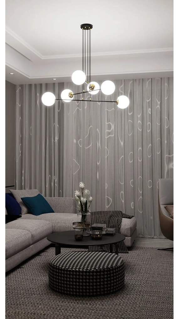 Lampadario Moderno 6 Luci Tsukuyomi In Acciaio Nero E Oro E Vetro A Sfera Opale